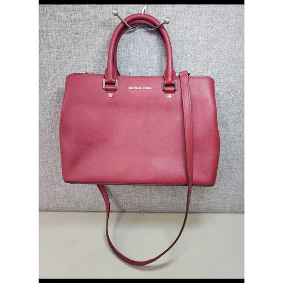 Michael Kors Savannah Pink Red Burgundy Satchel in Saffiano Leather - Picture 1 of 5